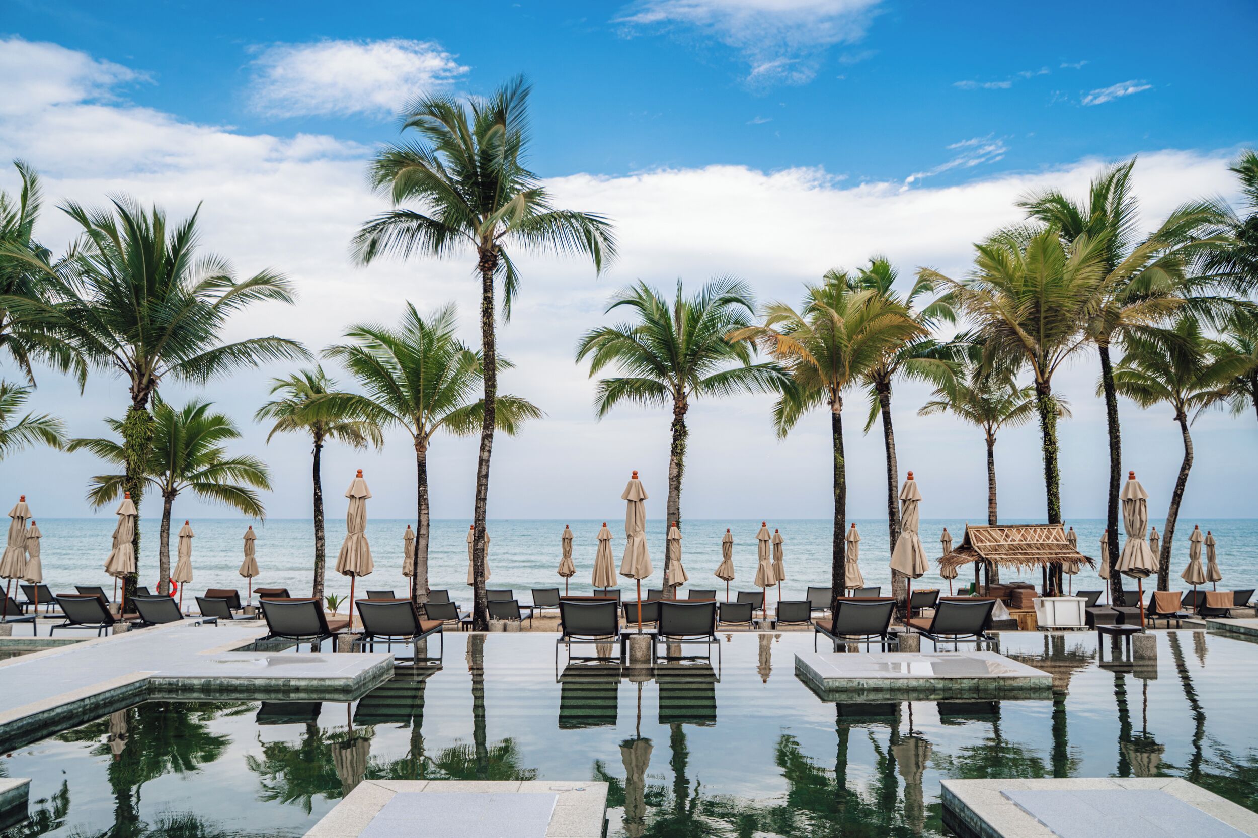 Outdoor pool, pool umbrellas, pool loungers