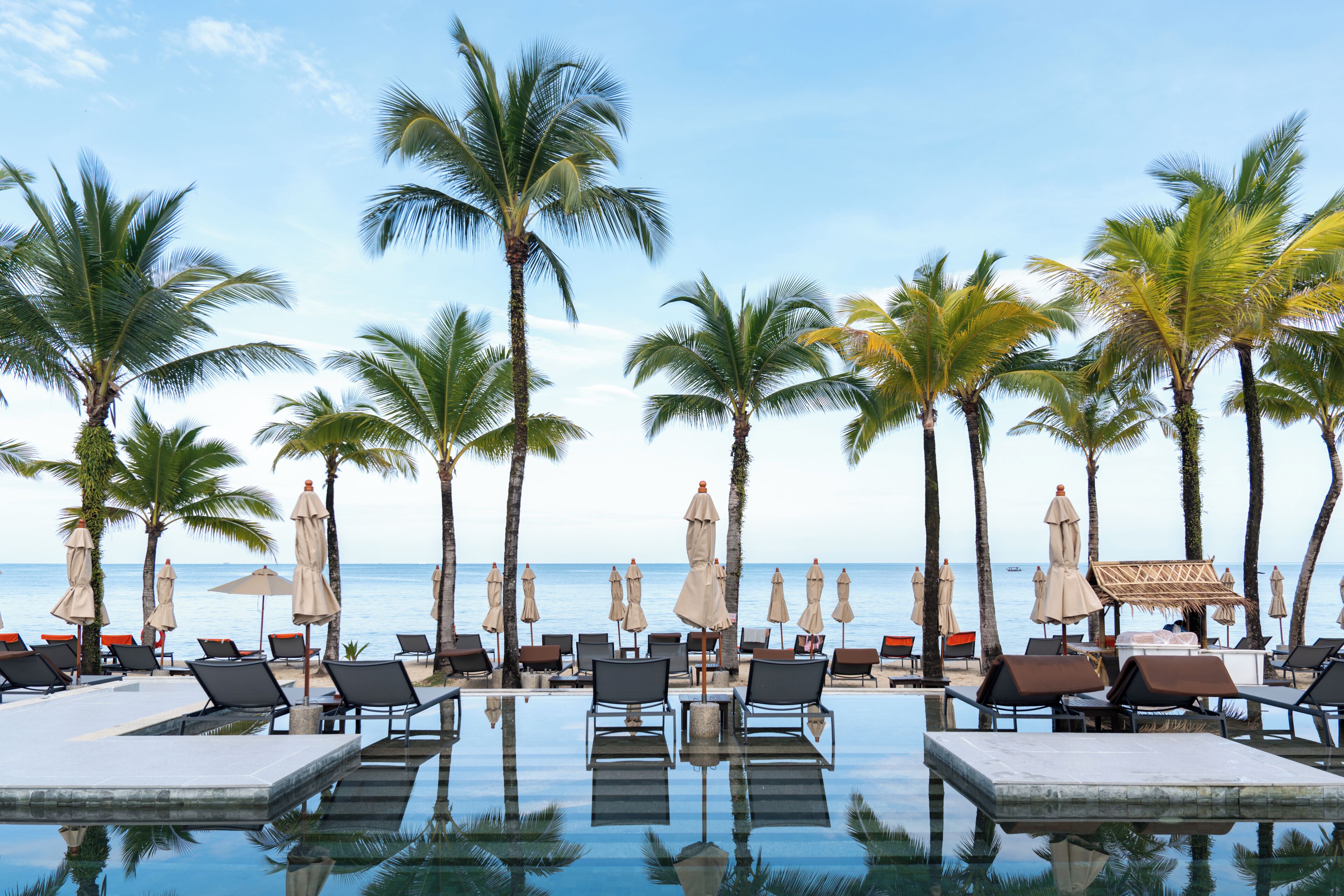 Outdoor pool, pool umbrellas, sun loungers