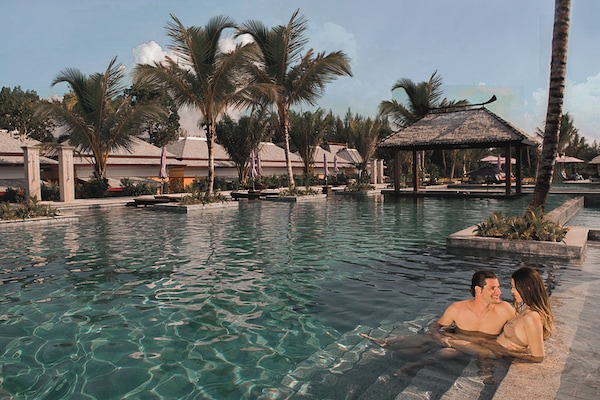 Outdoor pool, pool umbrellas, pool loungers
