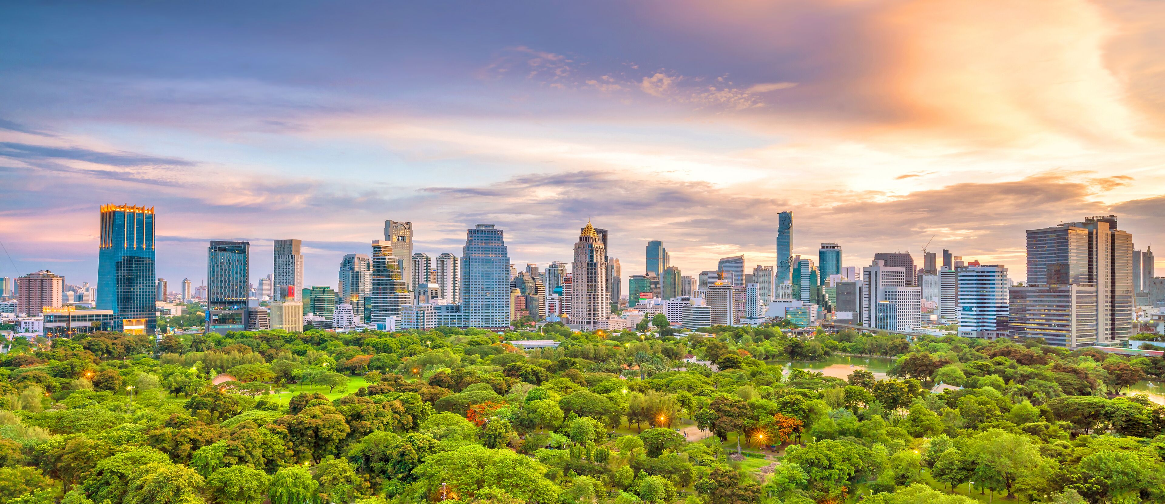 A city skyline with modern high-rise buildings and a park in the foreground.