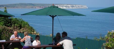 A group of people dining at an outdoor table with a view of the sea and cliffs.