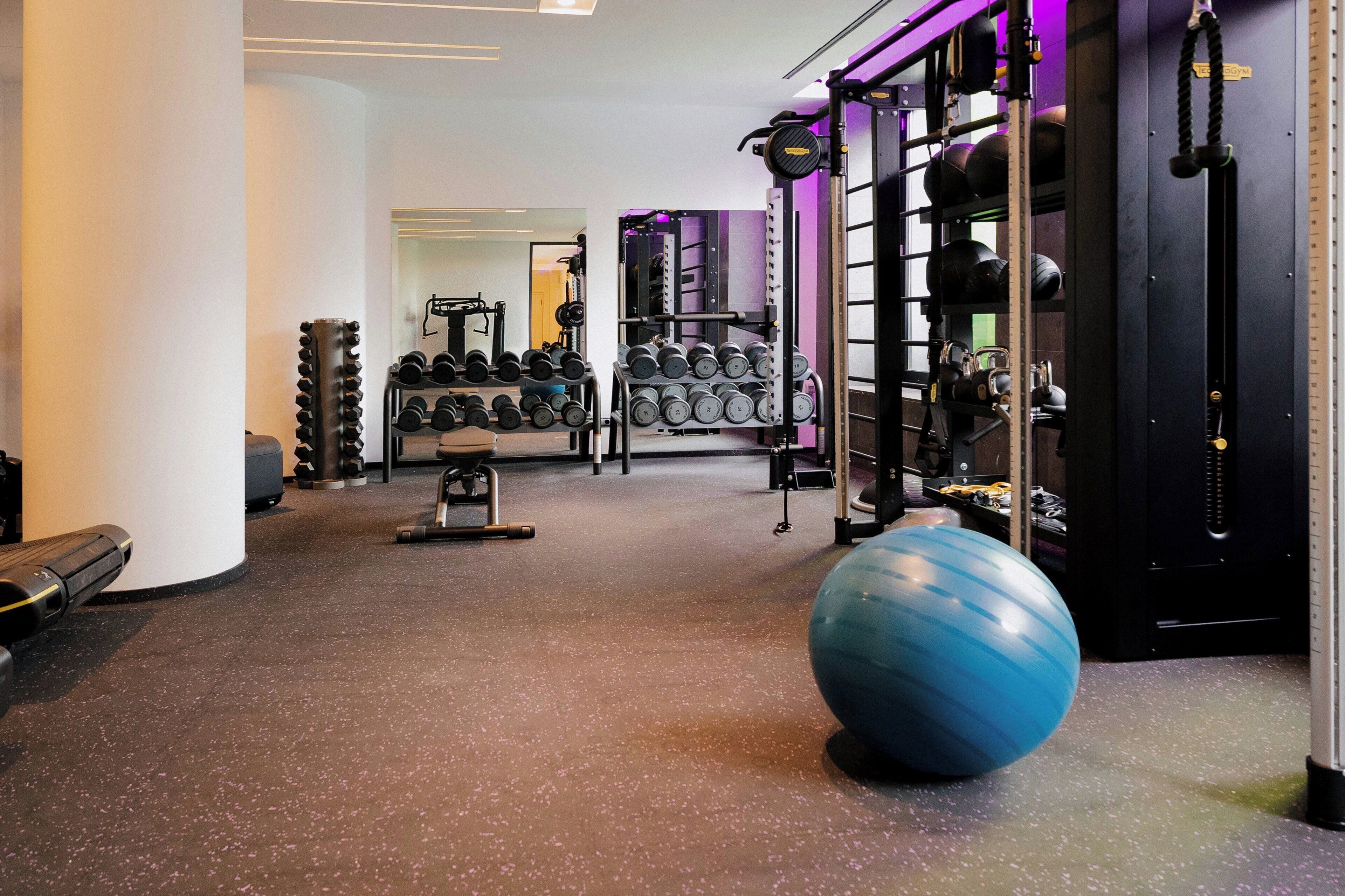 Une salle de sport équipée de matériel d’exercice, avec un grand ballon bleu et des poids.