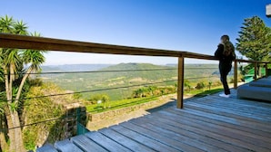 Una persona de pie en una terraza de madera con vistas a un paisaje pintoresco.