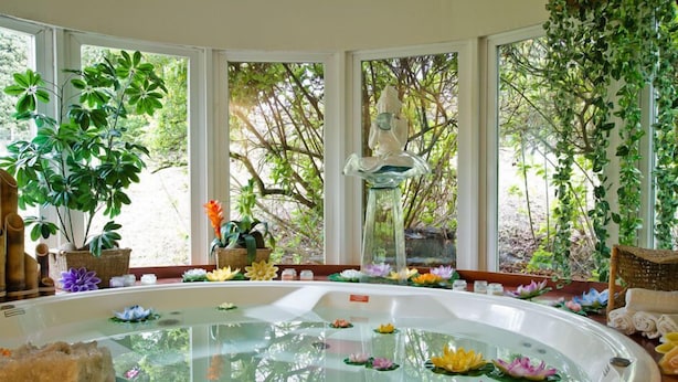 Un cuarto de spa con una bañera de vidrio grande rodeada de plantas y flores en macetas.