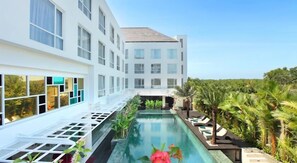 Outdoor pool, pool umbrellas, pool loungers