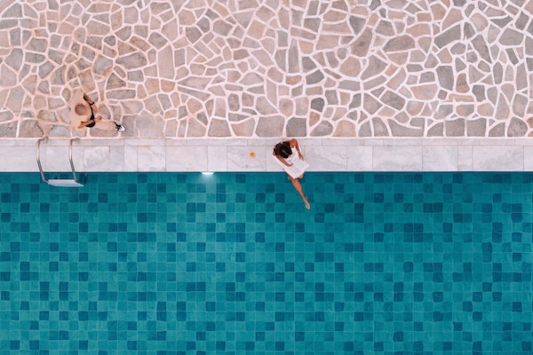 Outdoor pool, pool umbrellas, pool loungers