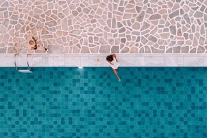 Outdoor pool, pool umbrellas, pool loungers