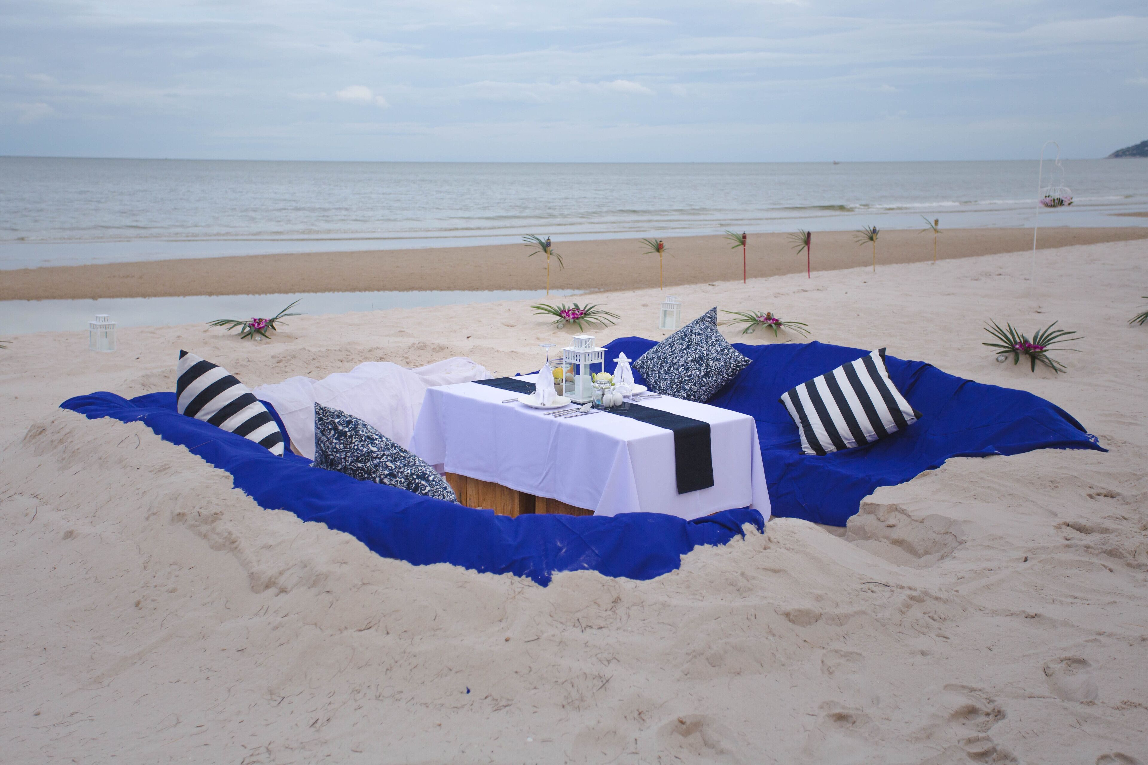 private beach, white sand, beach cabanas, sun-loungers