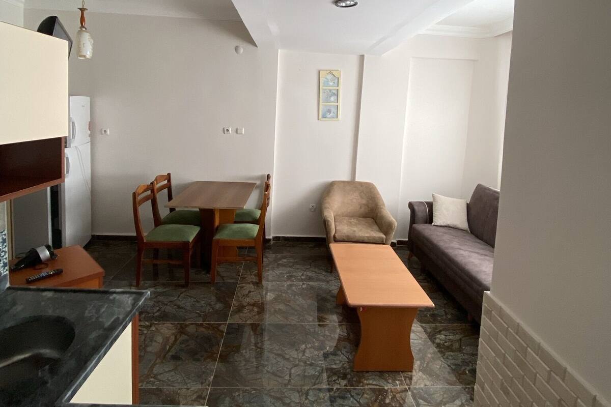 A compact living space with a dining area, a sofa, a chair, and a kitchen area with a refrigerator and a microwave.