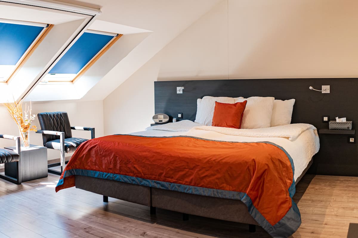 A modern bedroom with a large bed, a desk, and two chairs. There are skylights above the bed.