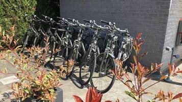 Une rangée de vélos est garée devant un bâtiment dont le mur est en briques, et un pot de fleurs se trouve au premier plan.