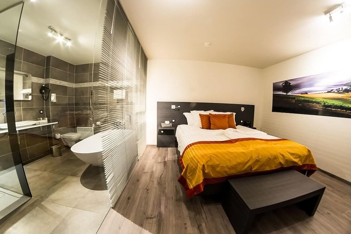 A modern bedroom with a large bed, a bedside table, a nightstand, and a bathroom with a bathtub and toilet.