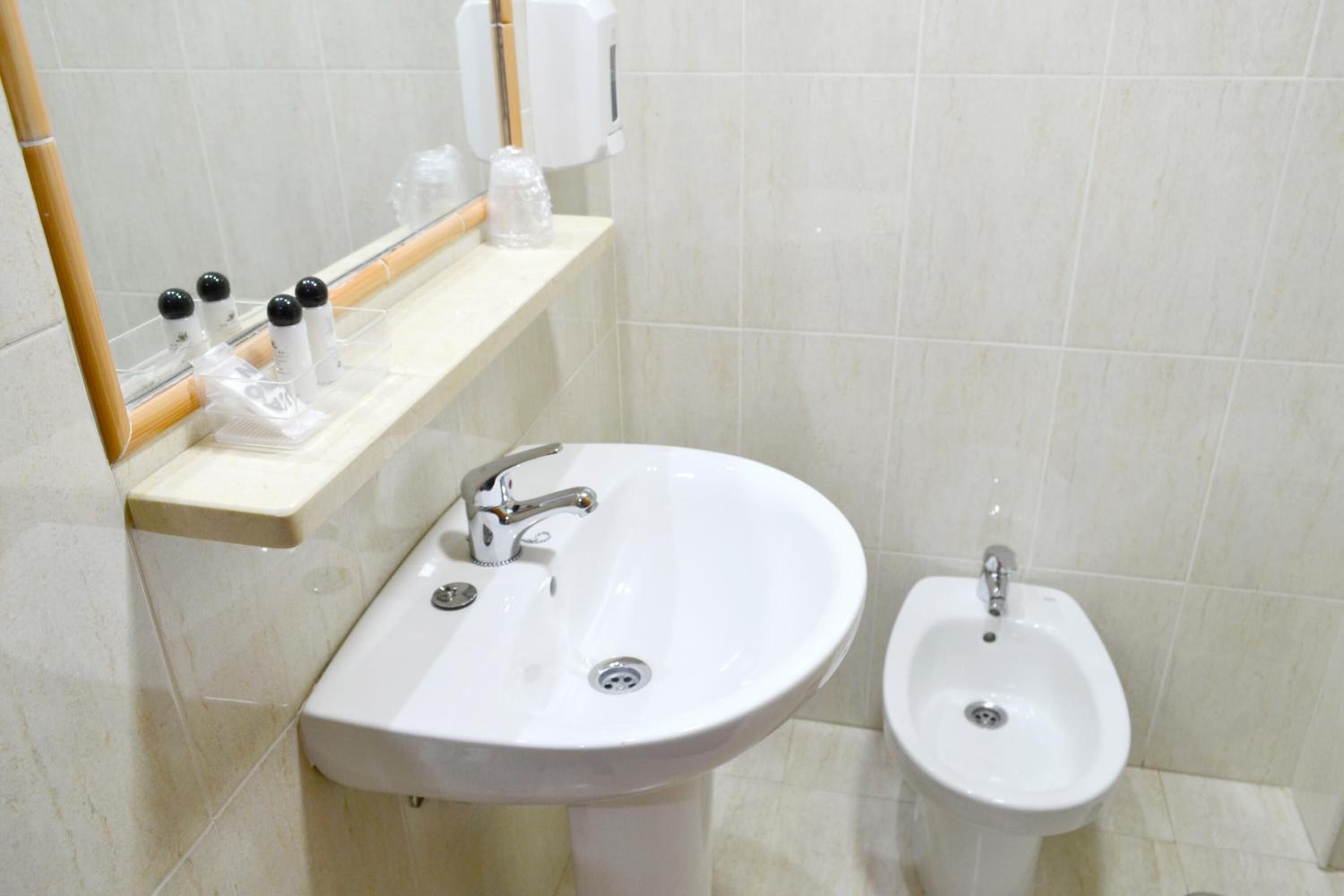 A bathroom with a white sink, a bidet, and a shelf with toiletries.