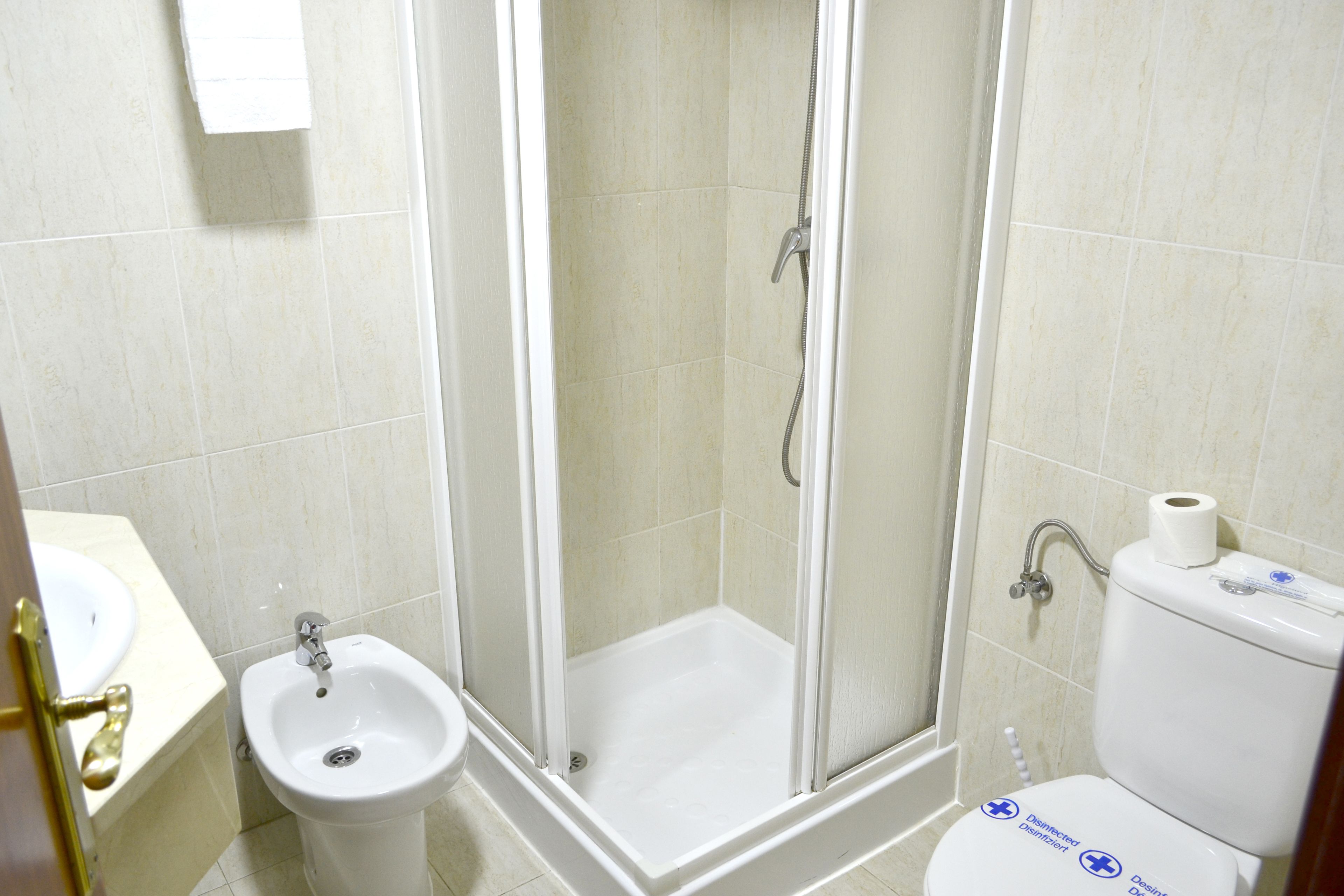 A bathroom with a shower, bidet, and toilet.