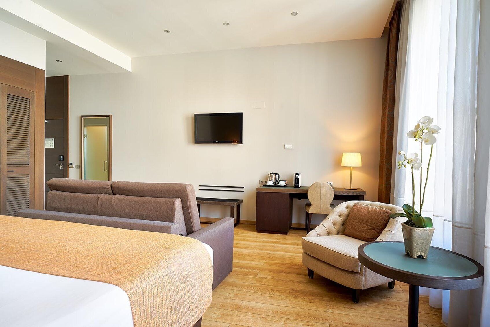 Una habitación de hotel con cama, sofá, escritorio, silla, televisor y una mesita con una planta.
