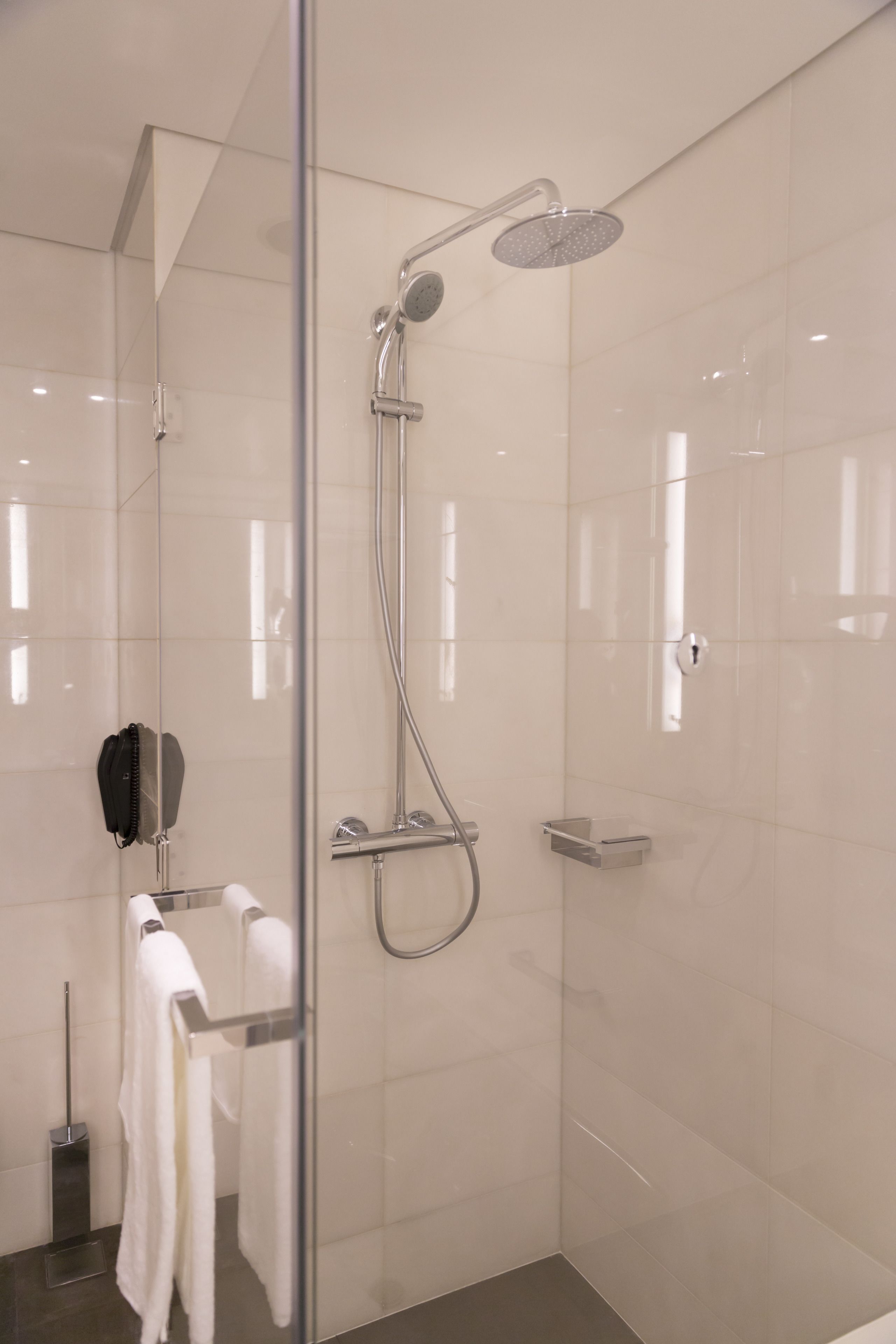 Eine moderne Dusche mit Glastür, Handtuchhalter und Duschbrause.