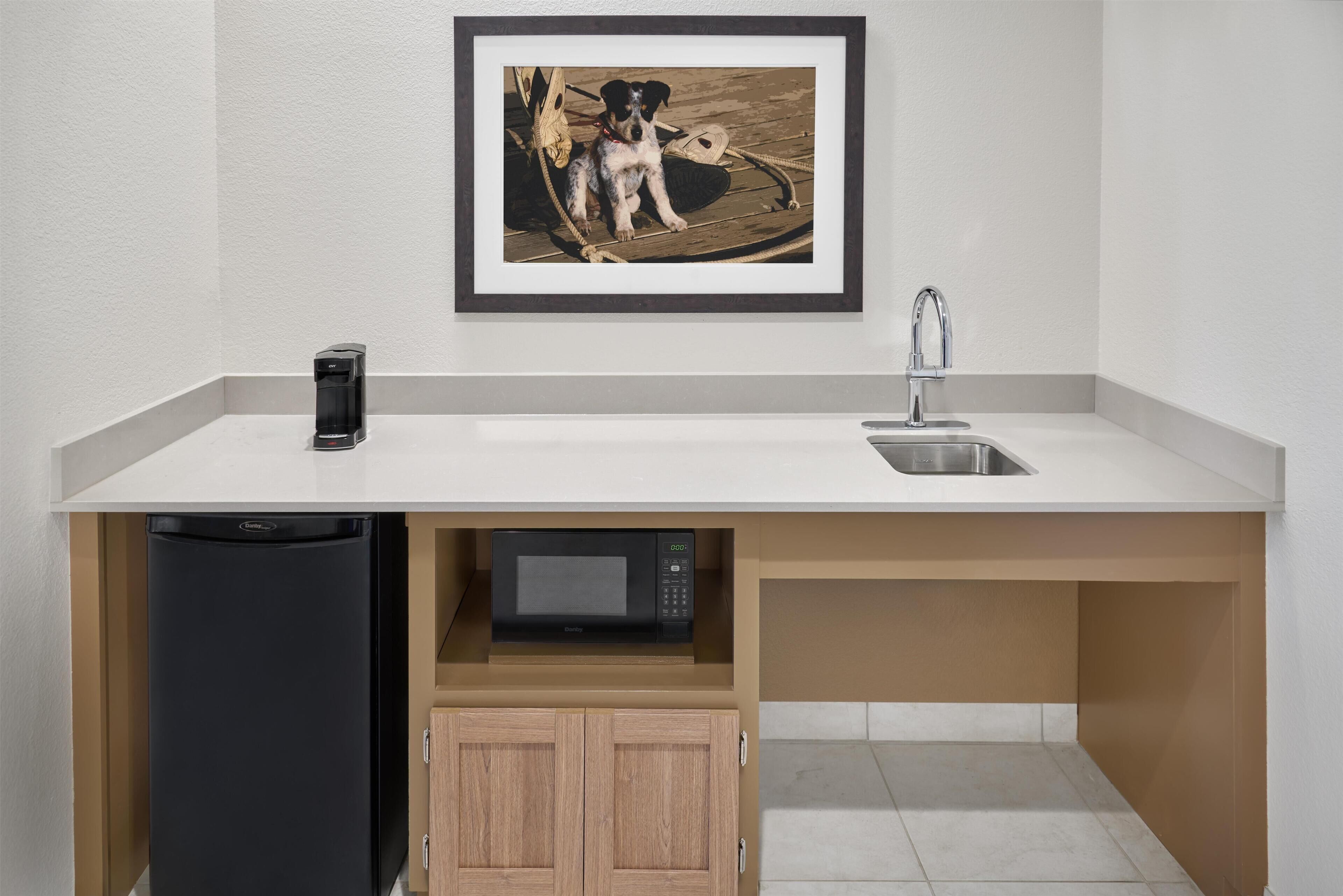 A compact kitchen with a white countertop, a stainless steel sink, a black refrigerator, a microwave, and a framed picture of a dog on the wall.