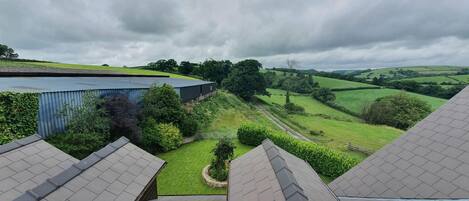 A view of a building with a sloped roof, surrounded by green fields and trees under a cloudy sky.