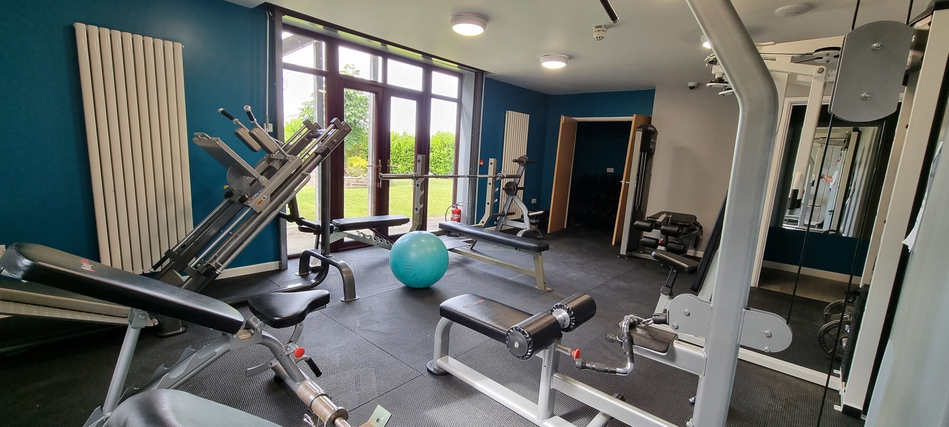 Un gimnasio con diversos equipos de ejercicio, amplias ventanas y vistas al verdor exterior.