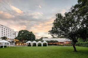 Un patio de hotel con carpas blancas, un árbol grande y un edificio al fondo.
