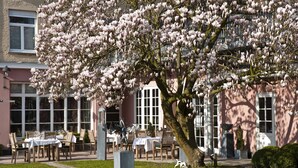 A building with a dining area featuring tables and chairs, a statue, and a tree with pink blossoms.