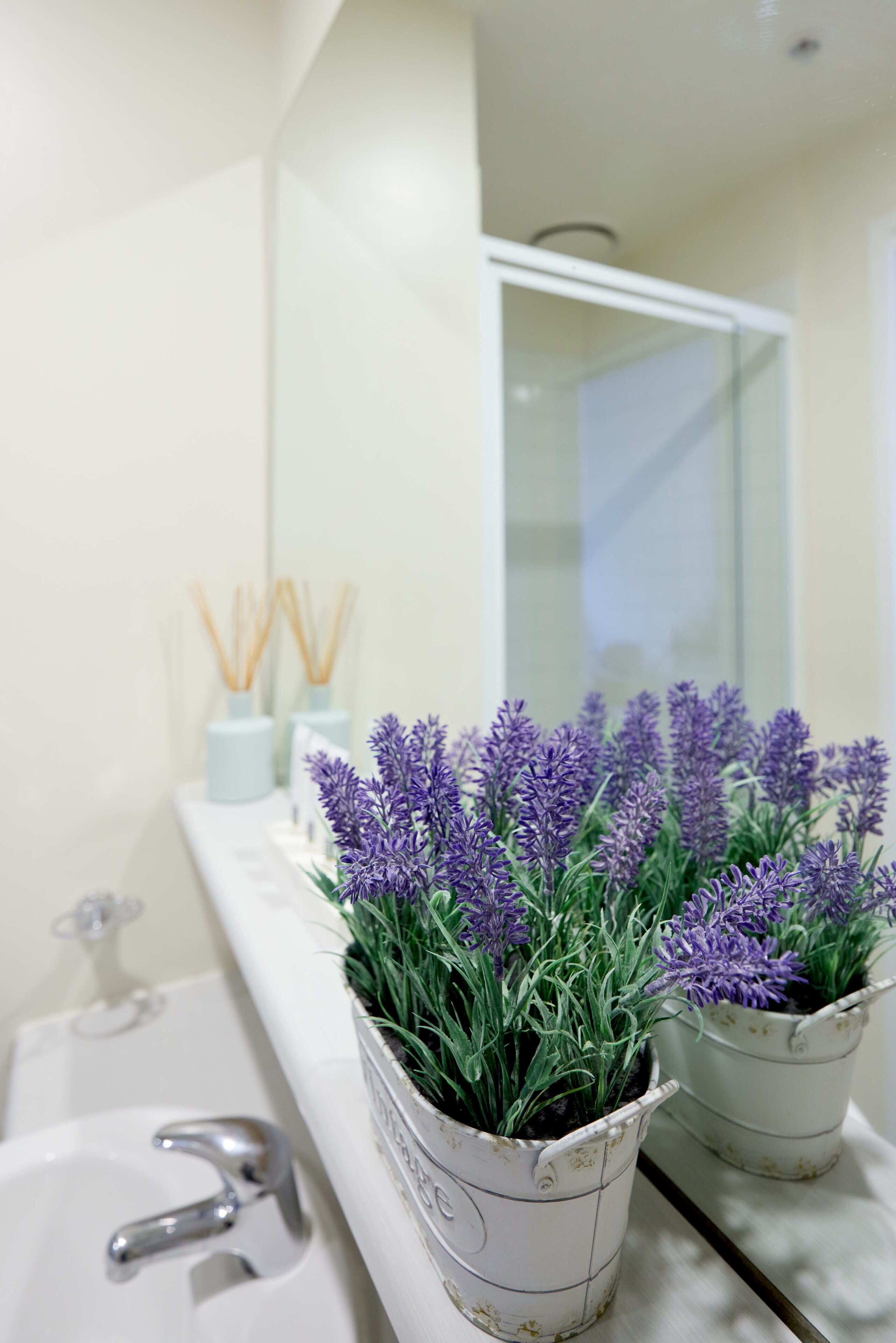 A bathroom with a white sink, a mirror, and two potted lavender plants on the vanity.