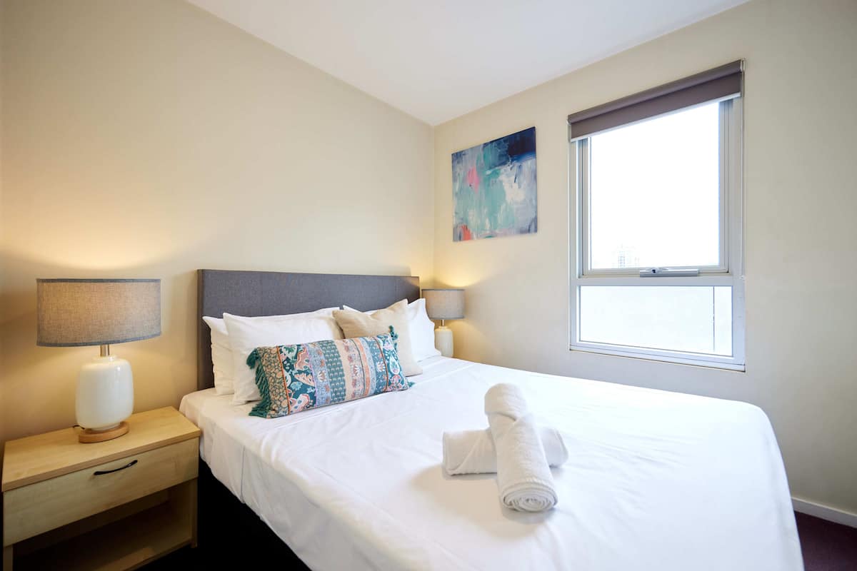 1 bedroom, desk, laptop workspace, blackout curtains