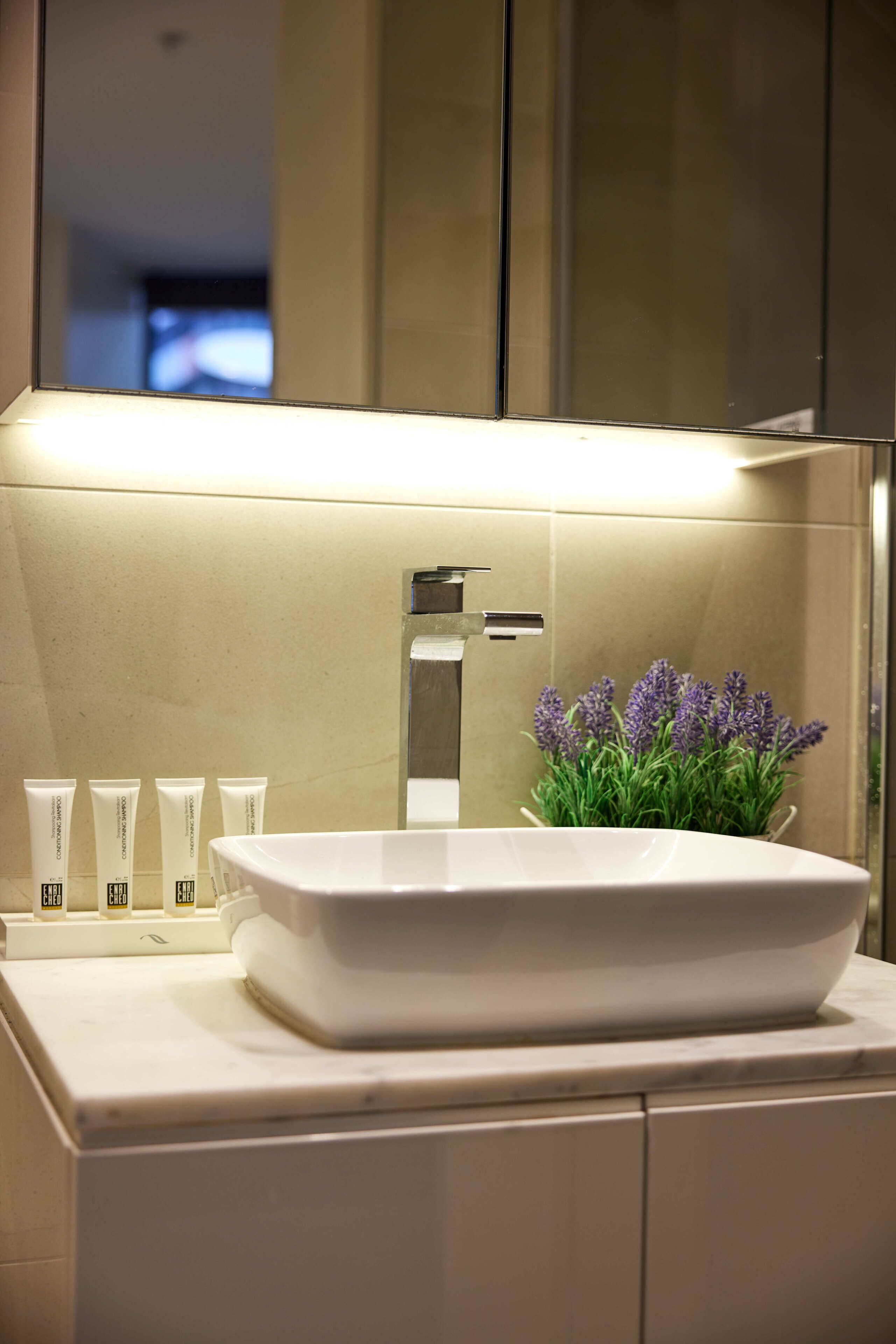 A modern bathroom with a large vessel sink, a mirror, and a potted lavender plant.