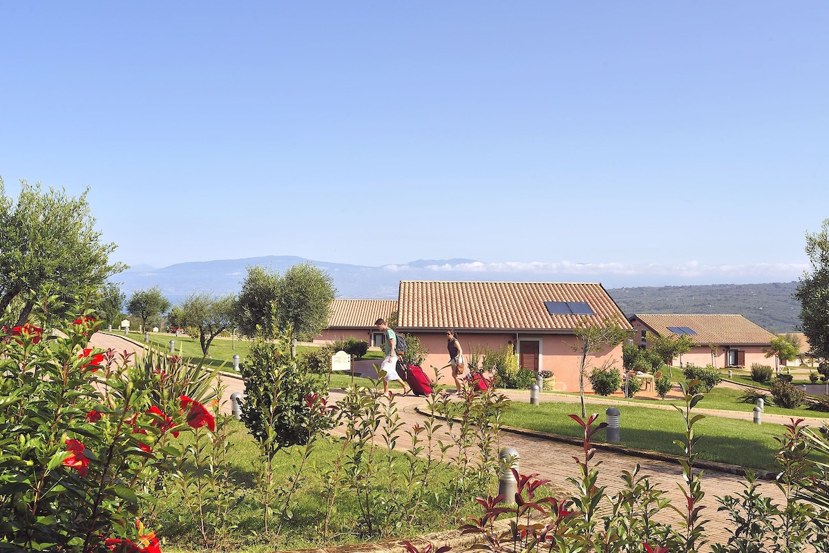 A building with a tiled roof, surrounded by greenery and a clear sky.