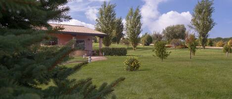 A house with a red roof, surrounded by a grassy lawn and trees.