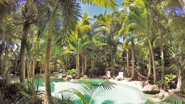 A pool surrounded by palm trees and rocks, with lounge chairs and a hammock.