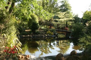 Un jardín tranquilo con un estanque, un puente de madera y diversas plantas.