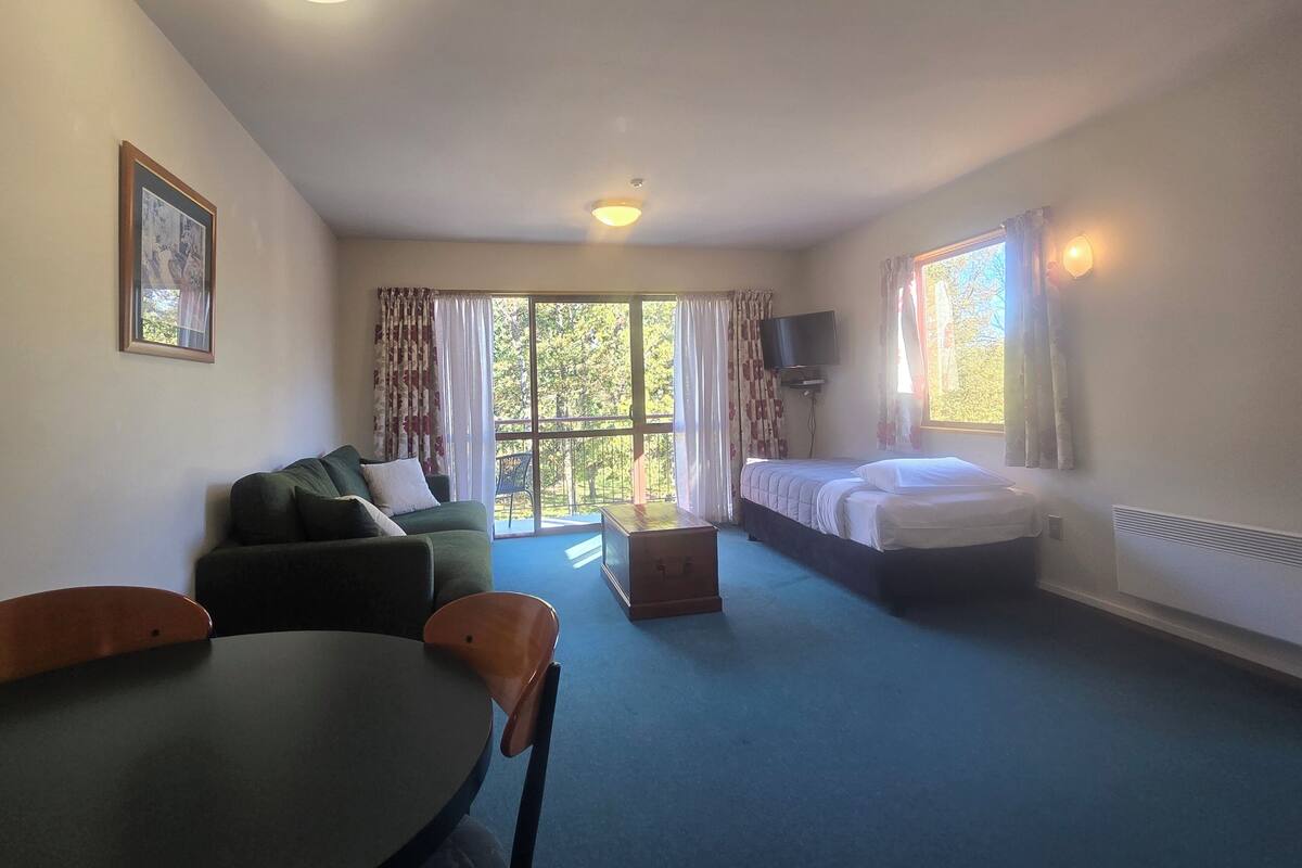 Una habitación con cama, sofá, mesa y televisión.