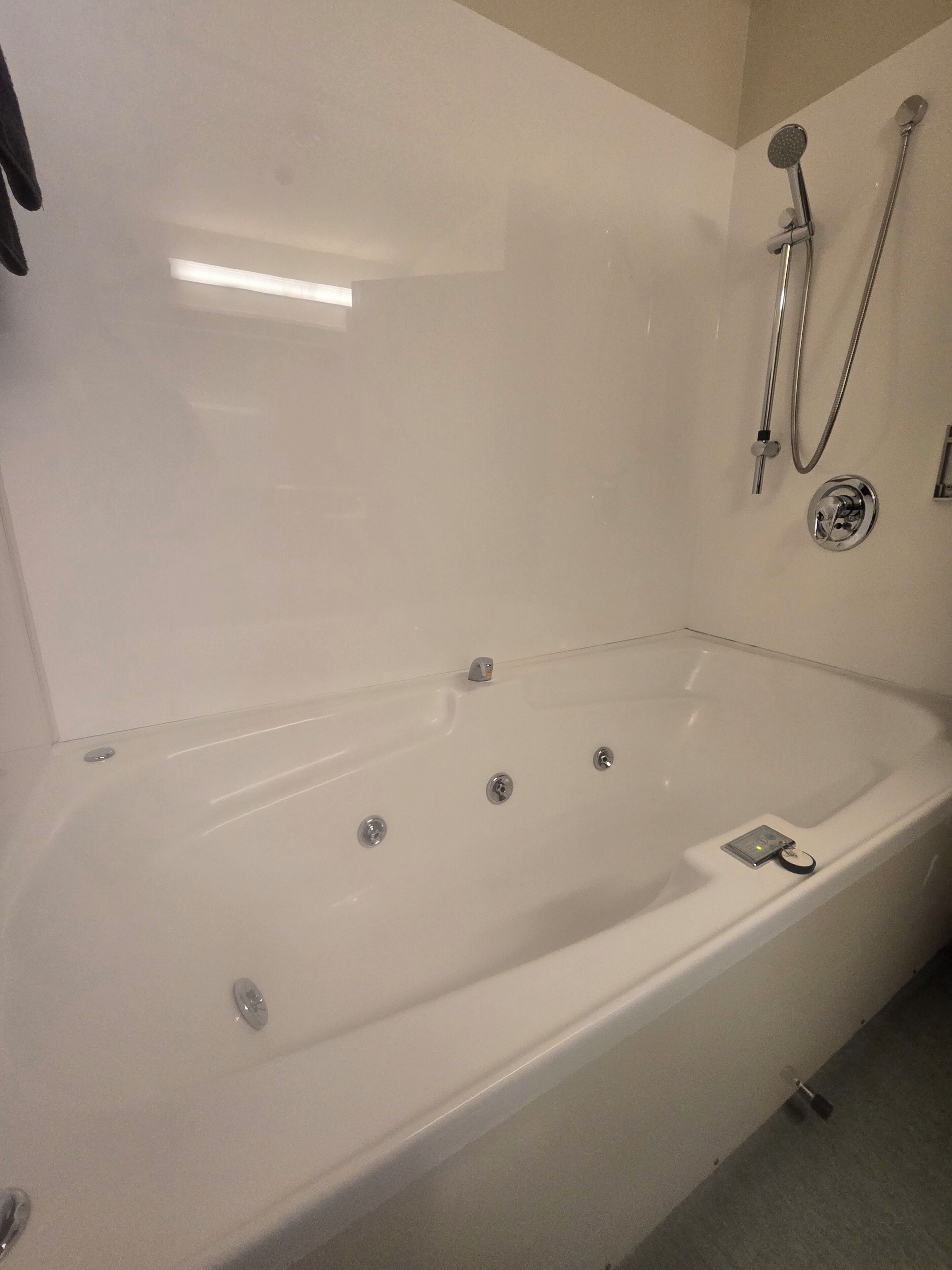 A bathroom with a white bathtub, a handheld showerhead, and a control panel.