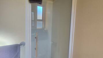 A glass-enclosed shower stall with a towel rack and a small mirror.
