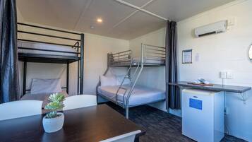 A compact room with bunk beds, a small kitchenette, a desk, and a potted plant.