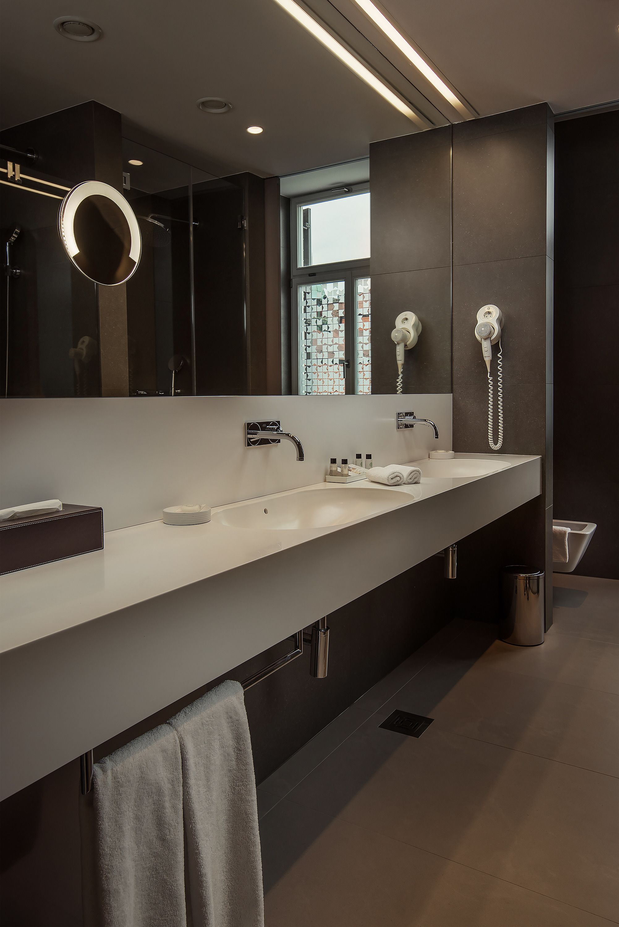 rainfall showerhead, designer toiletries, hair dryer, bathrobes