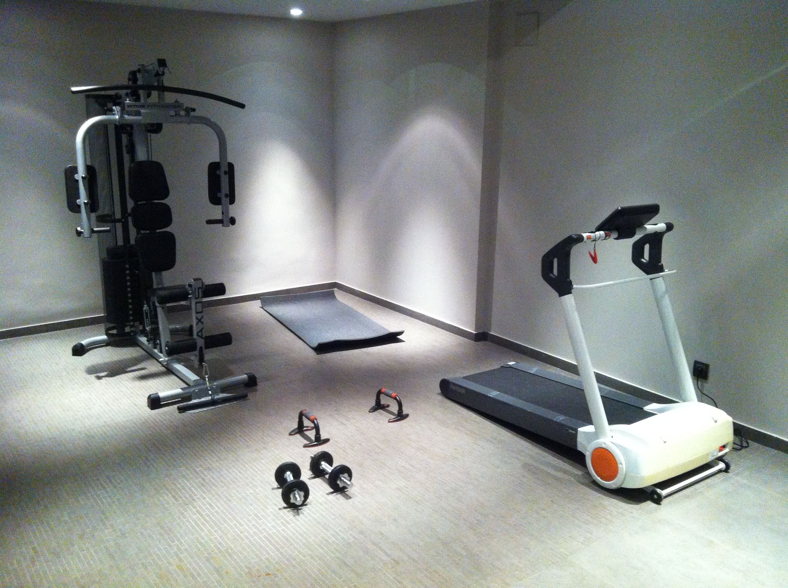 A gym with a treadmill, weight bench, and various exercise equipment.