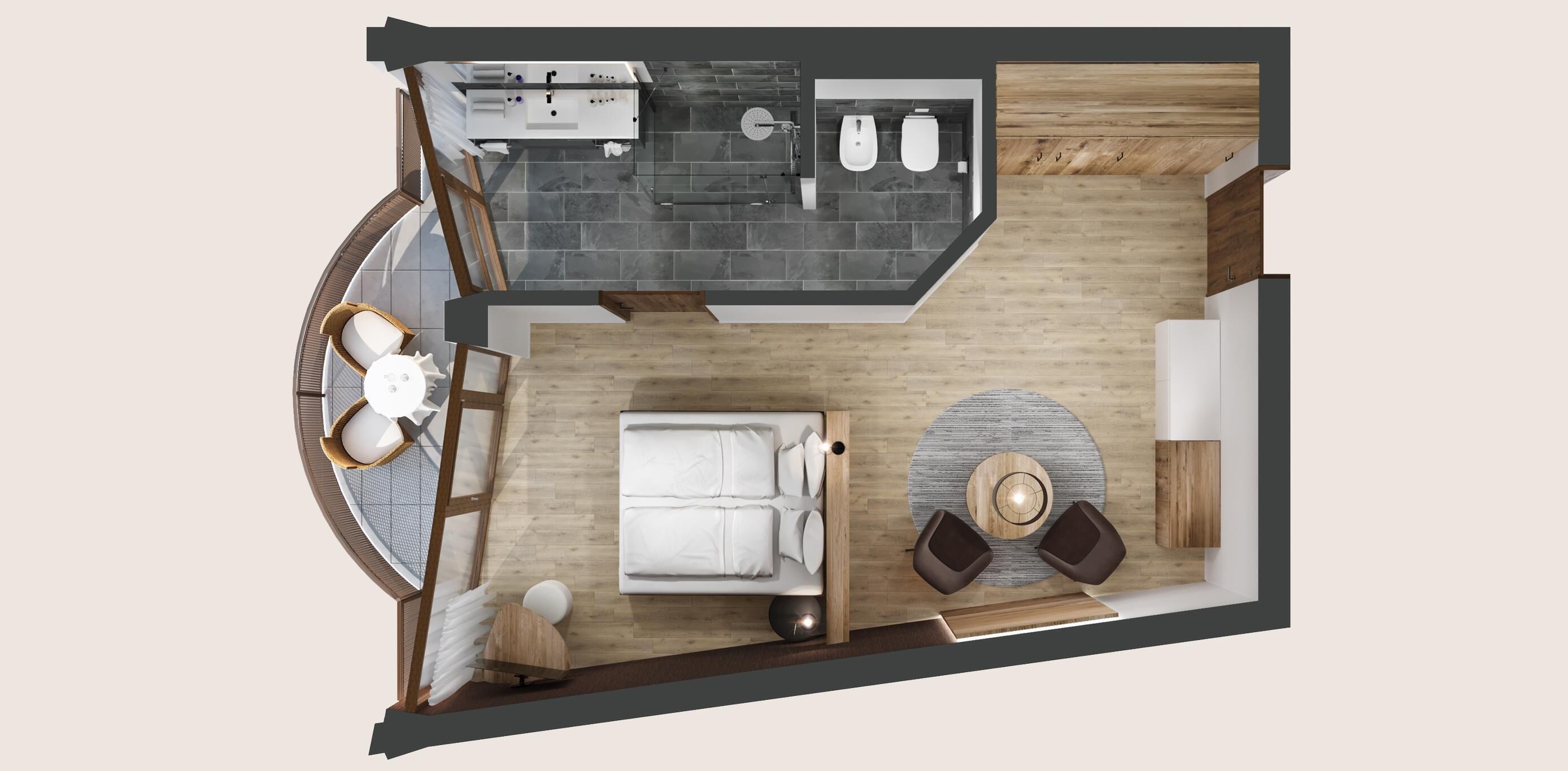 A modern hotel room layout with a bed, seating area, and a bathroom with a shower and toilet.