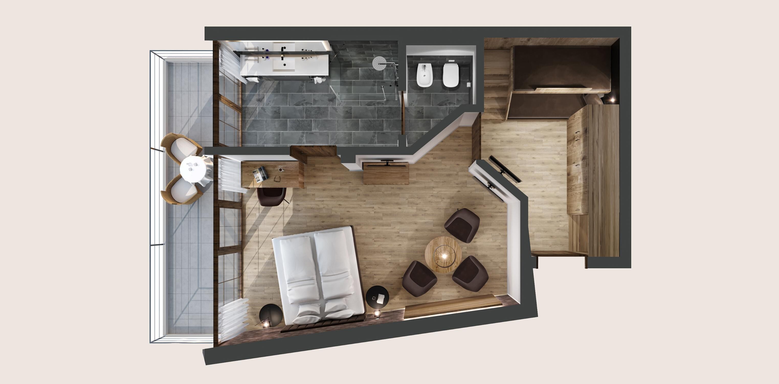A modern hotel room layout with a bed, seating area, kitchenette, and bathroom.