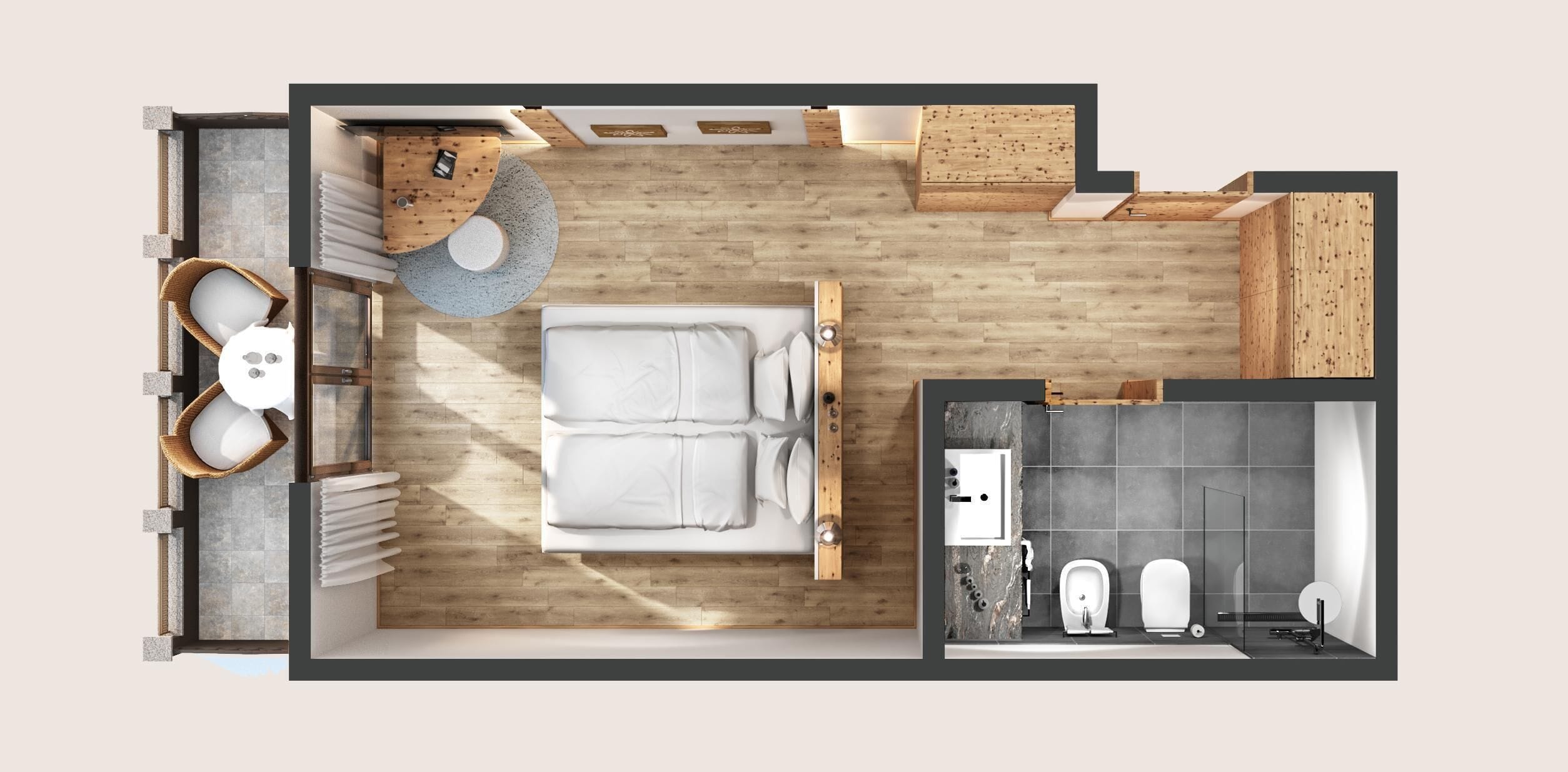 Distribución de una habitación de hotel con cama, zona de estar con mesa y sillas, baño con inodoro y lavabo, y una pequeña kitchenette.
