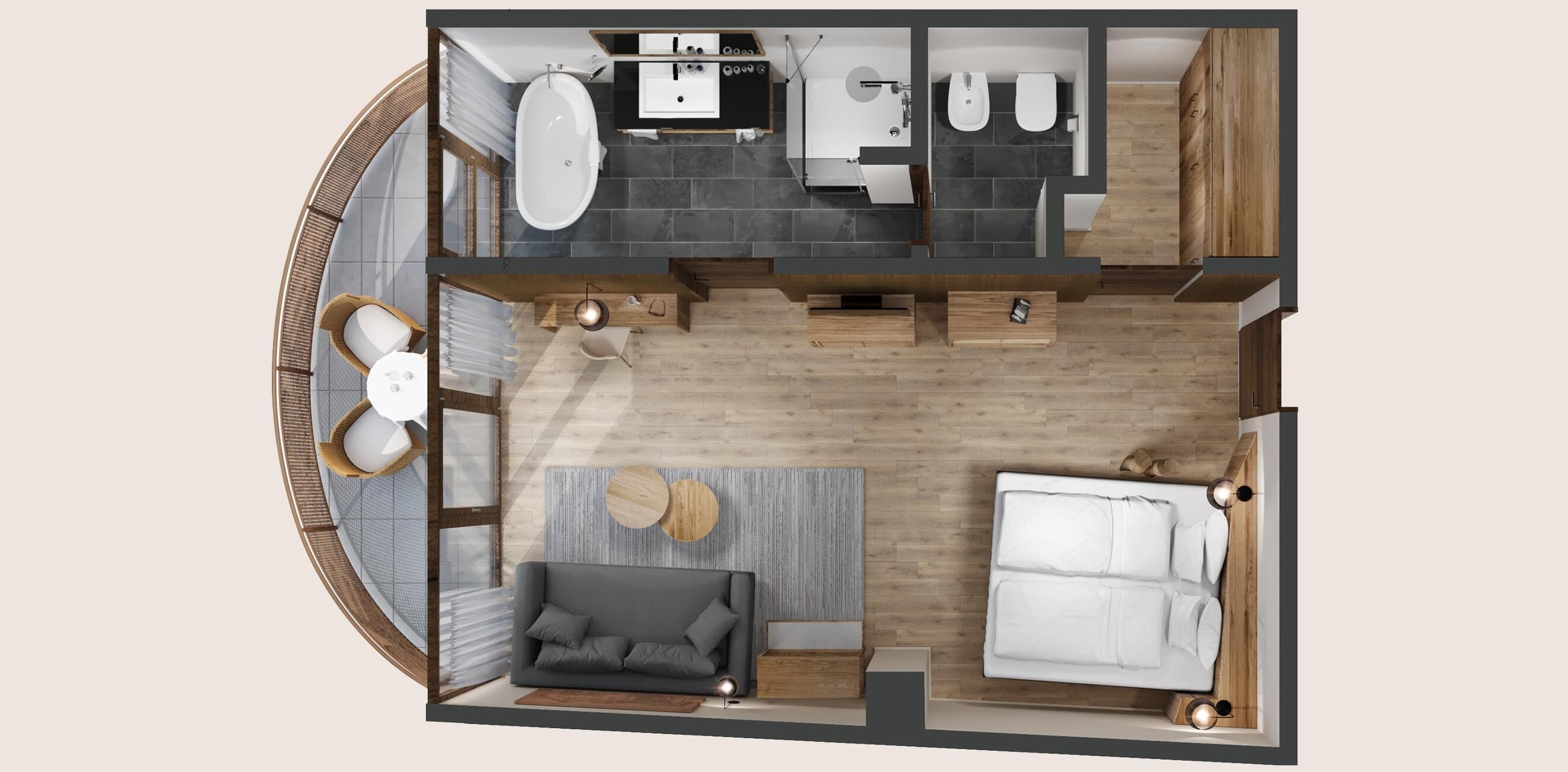 A modern bedroom with a bed, a sofa, and a small table.