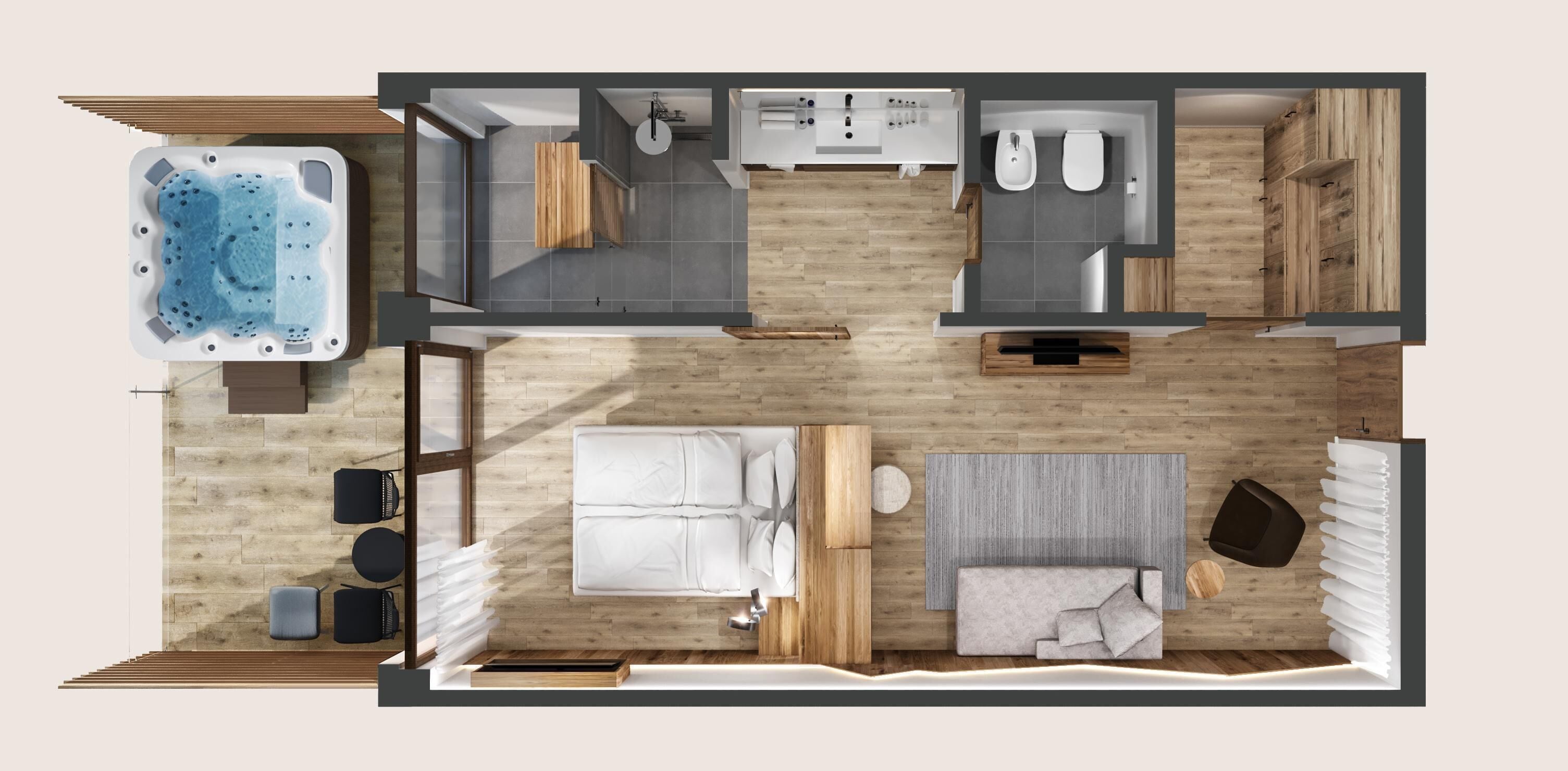 Ein Hotelzimmer mit einem großen Bett, einer Couch, einem kleinen Tisch, einem Couchtisch, einem Fernseher, einem Badezimmer mit Dusche, Toilette und Badewanne.