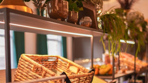 A buffet setup with various food items and decorative plants. - Hotel Jacobs (Bruges)