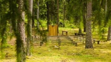 A forested area with a wooden bench and a small wooden structure, likely a picnic table or shelter.