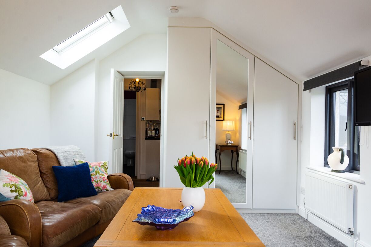 A modern living room with a brown leather sofa, a wooden coffee table, a vase with tulips, and a skylight.