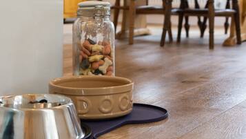 A pet feeding area with a metal bowl and a ceramic dish on a wooden floor.
