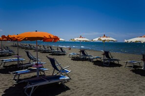 Private beach, sun-loungers, beach umbrellas, windsurfing