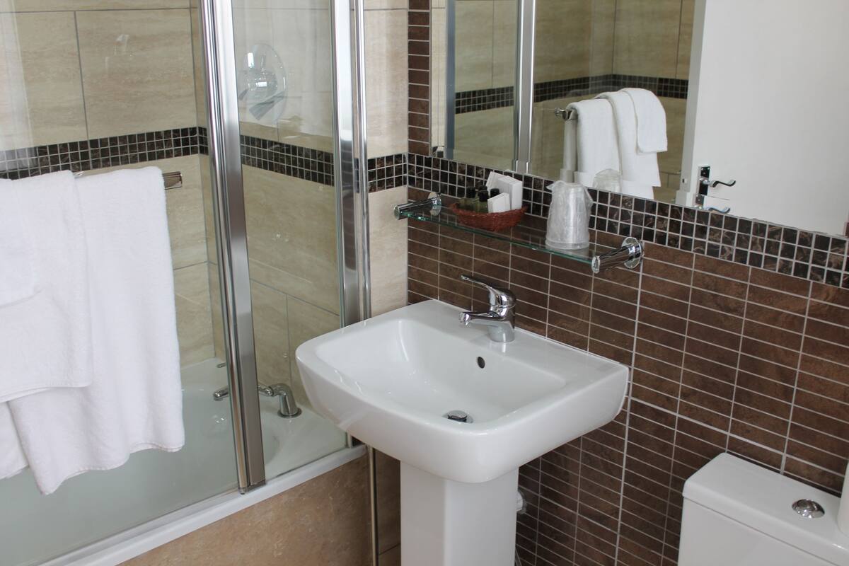 A bathroom with a glass shower enclosure, a white sink, and a toilet.