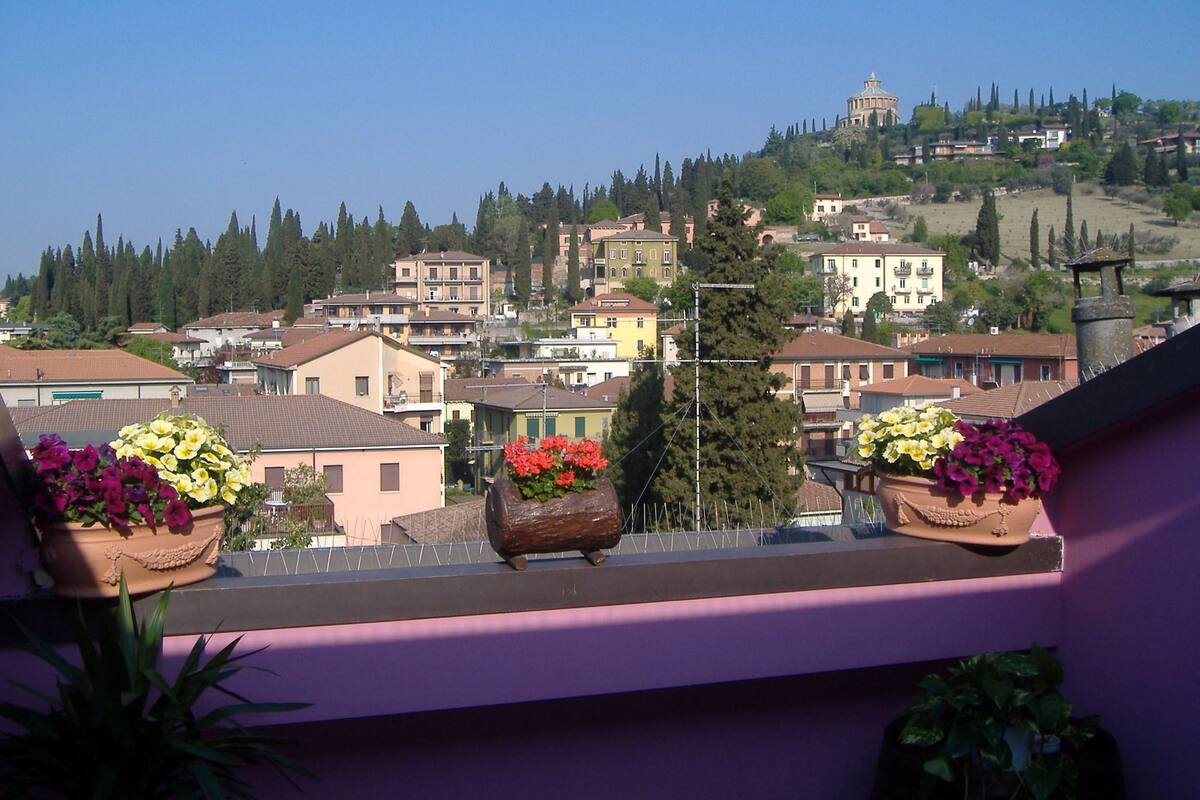 Ein Balkon mit Blumentöpfen und Blick auf eine Stadt mit Gebäuden und Bäumen.